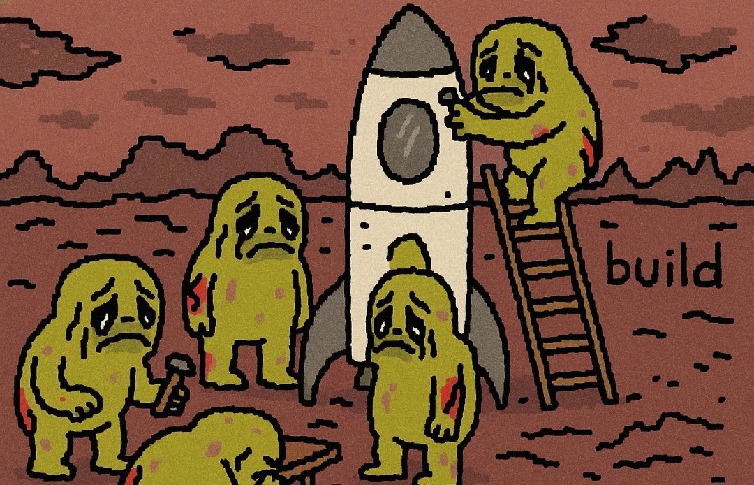 several $ROT guys building a crude rocket ship. one is on a ladder. text: build