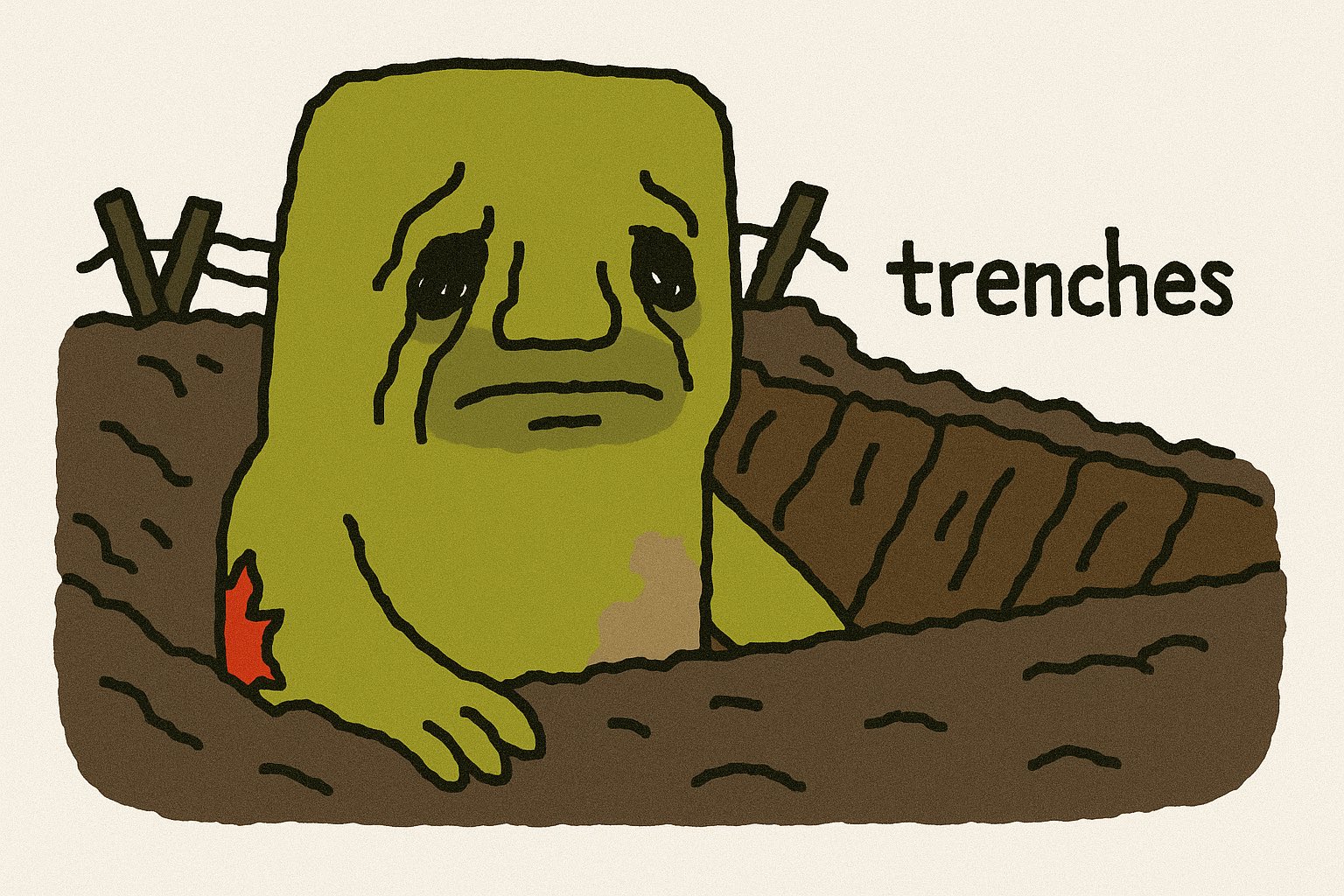 the $ROT guy sitting inside a dirt trench, visibly tired. text: trenches